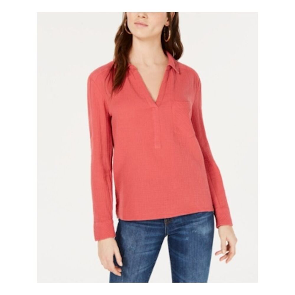 1. STATE Womens Coral Long Sleeve V Neck Blouse S